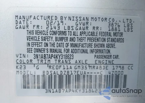 2019 Nissan Sentra Sv from USA, damaged, VIN 3N1AB7AP4KY318623